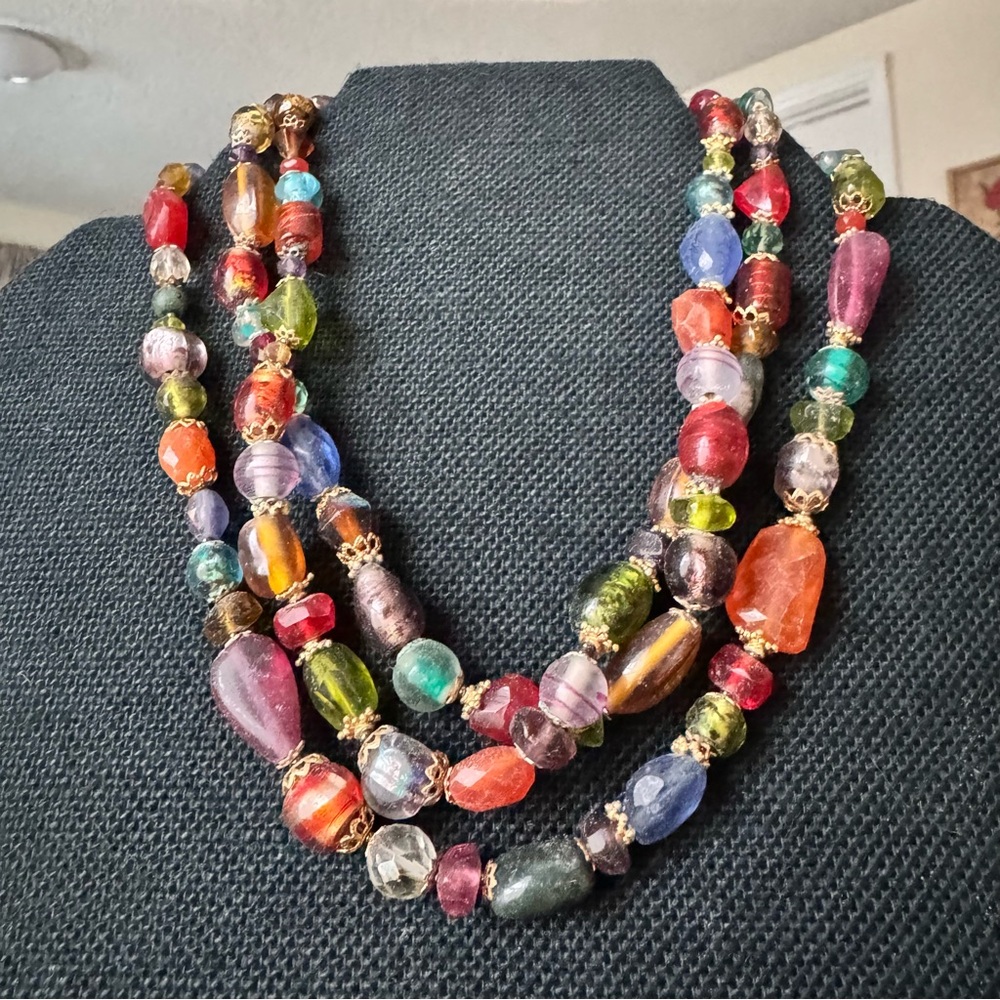 VTG Czech Multicolor 16” Glass Bead 3 Strand Necklace Gold Accents Boho Chic‎
